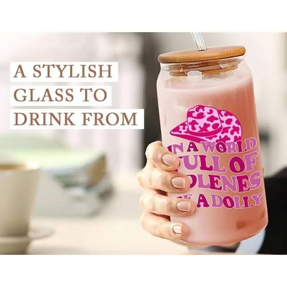 NIB Western Gifts for Women Hot Pink Cute Glass Cups with Lids and Straws, 16 Oz